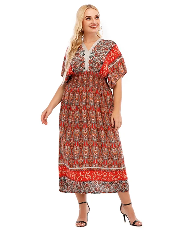 KittenAlarm - Onesize Boho Print Smocked Waist Dress