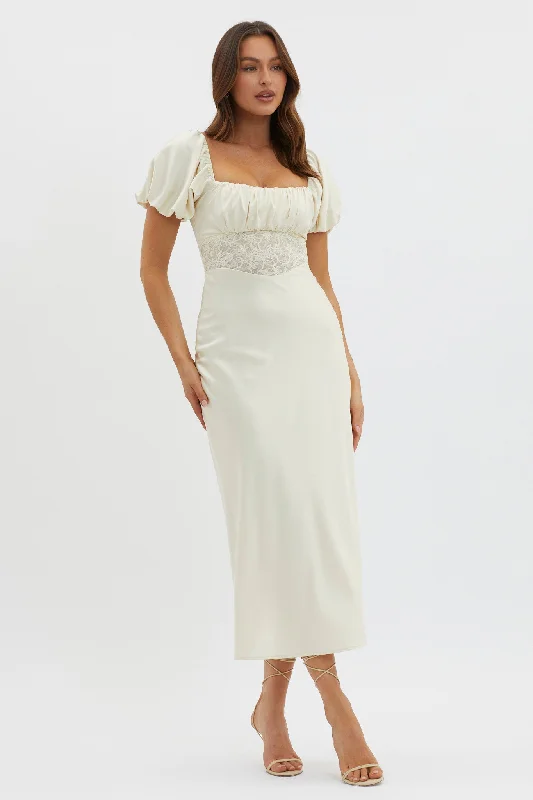 Allianna Puff Sleeve Lace Waist Midi Dress Butter