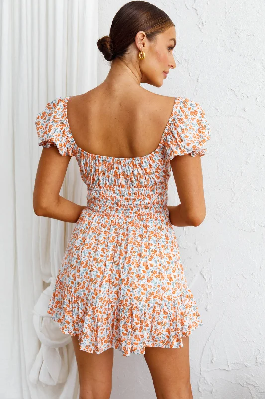 Amilie Shirred Waist Sundress Dainty Floral Orange