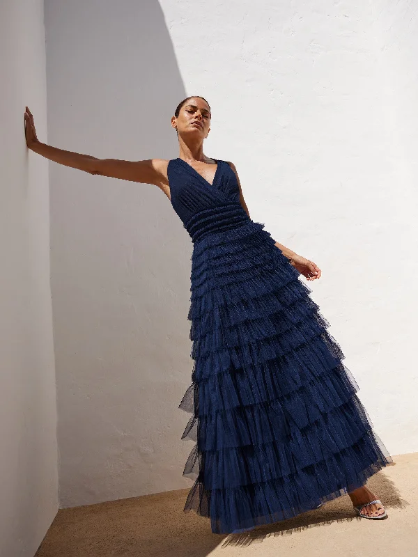 Anoushka Navy Tulle Tiered Maxi Dress