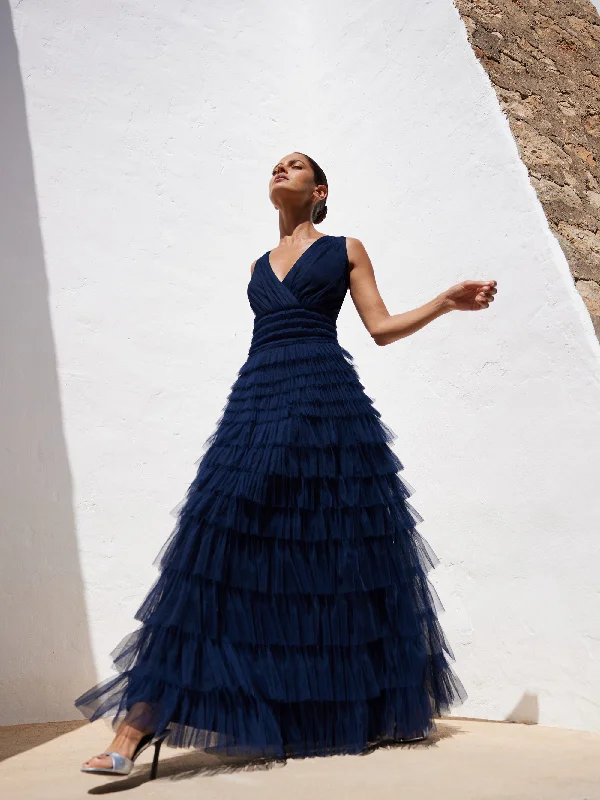 Anoushka Navy Tulle Tiered Maxi Dress