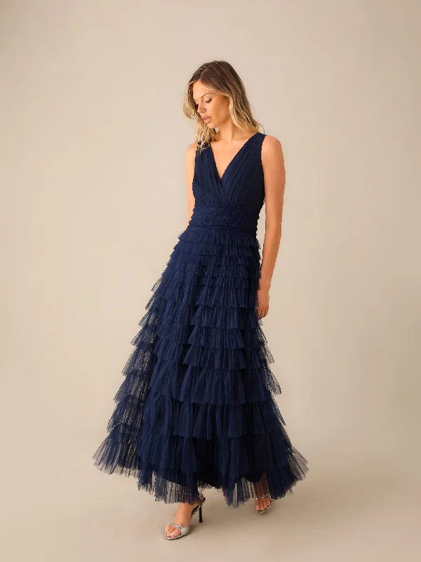 Anoushka Navy Tulle Tiered Maxi Dress