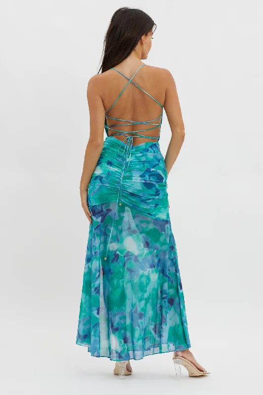 Apryl Ruched Lace-Up Back Dress Green