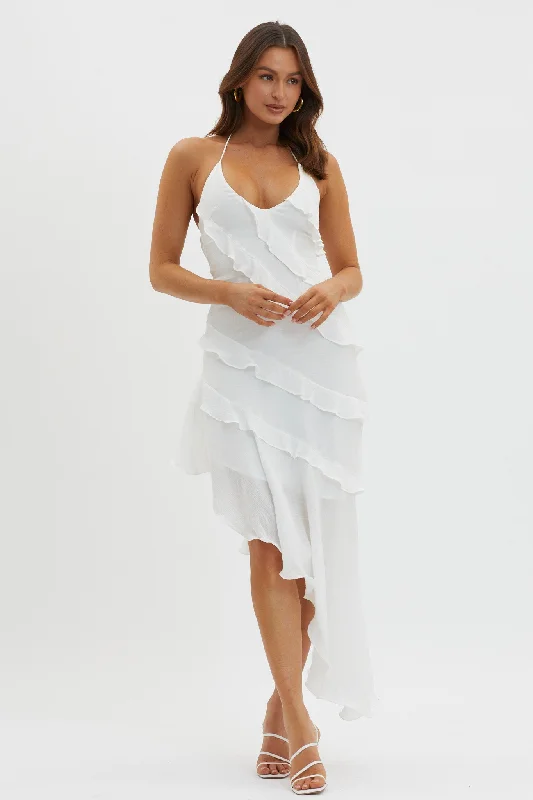 Arrabel Tiered Ruffle Asymmetric Midi Dress White