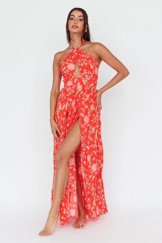 Athena High Split Maxi Dress Floral Print Red