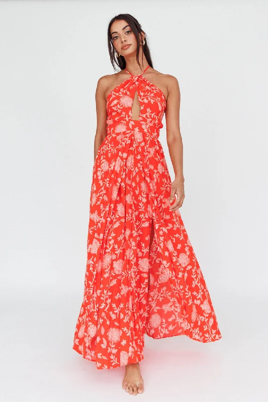 Athena High Split Maxi Dress Floral Print Red