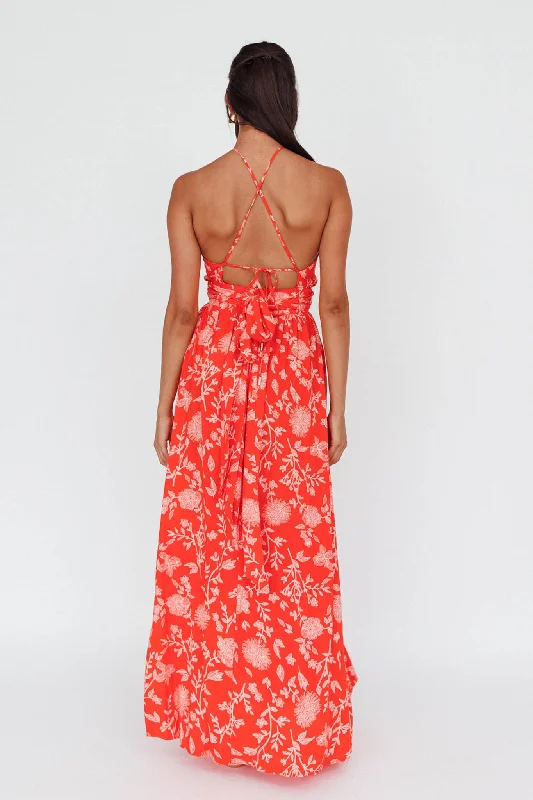 Athena High Split Maxi Dress Floral Print Red