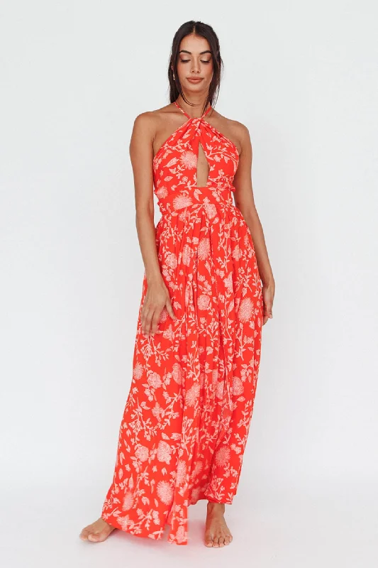 Athena High Split Maxi Dress Floral Print Red