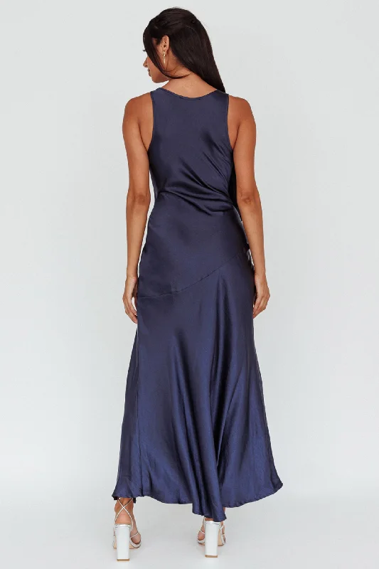 Averie Bow Shoulder Split Midi Dress Navy