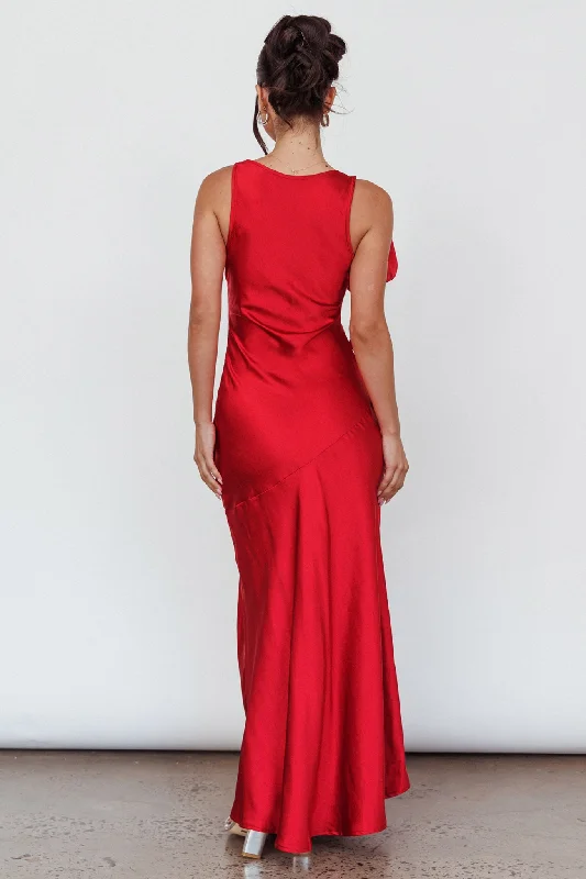 Averie Bow Shoulder Split Midi Dress Red