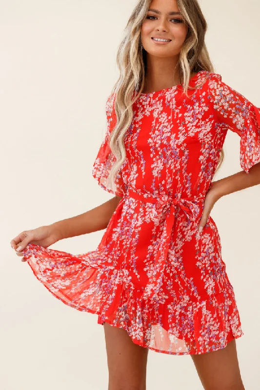 Azealia Ruffle Hem Dress Floral Spring Print Red