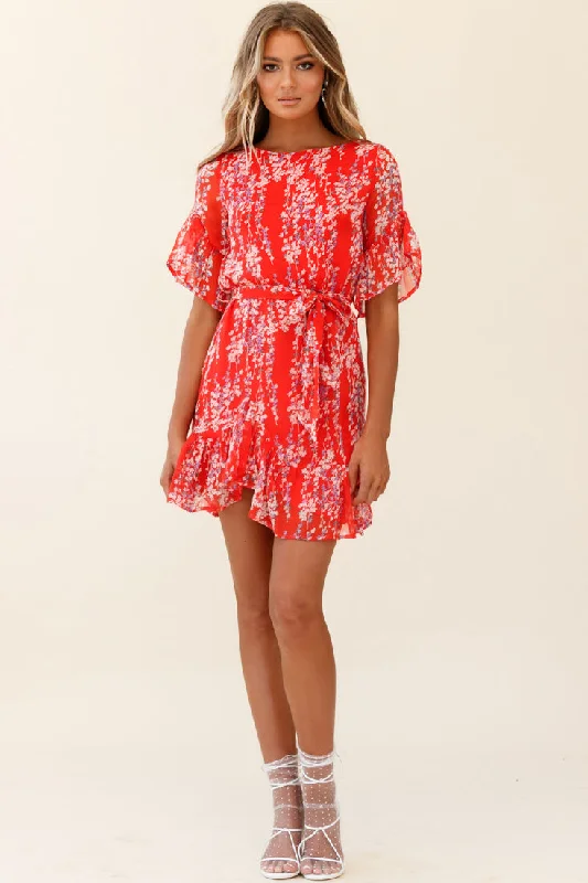 Azealia Ruffle Hem Dress Floral Spring Print Red