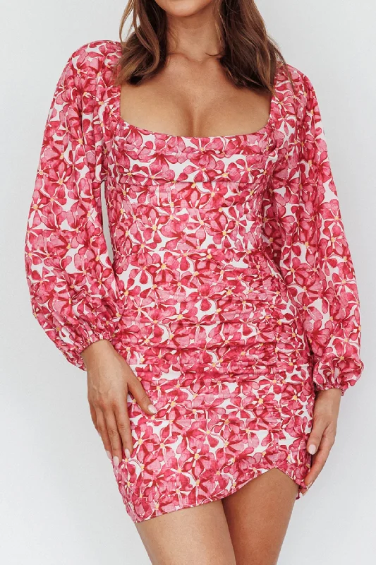 Beaujolais Long Sleeve Ruched Mini Dress Floral Pink