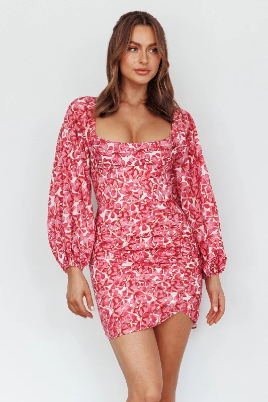 Beaujolais Long Sleeve Ruched Mini Dress Floral Pink