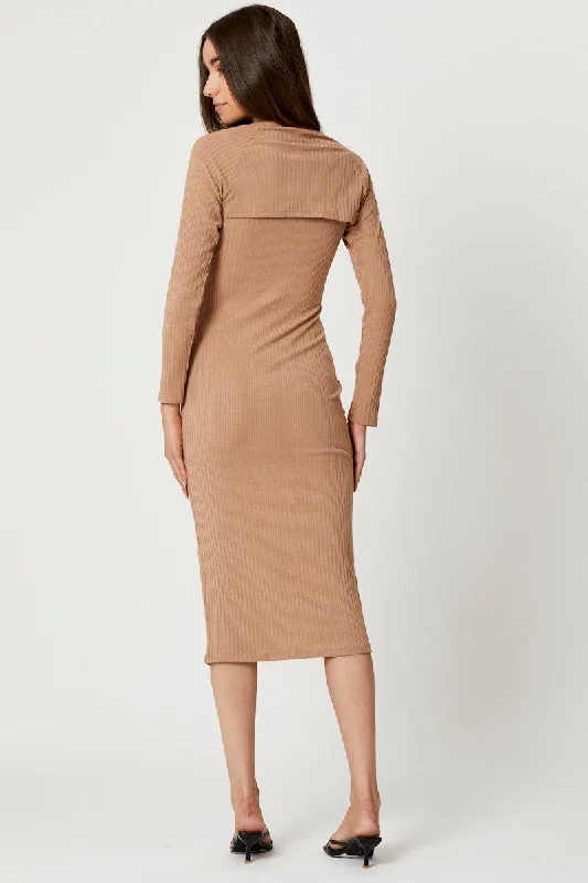 Beige 2 In 1 Midi Long Sleeve Rib Dress