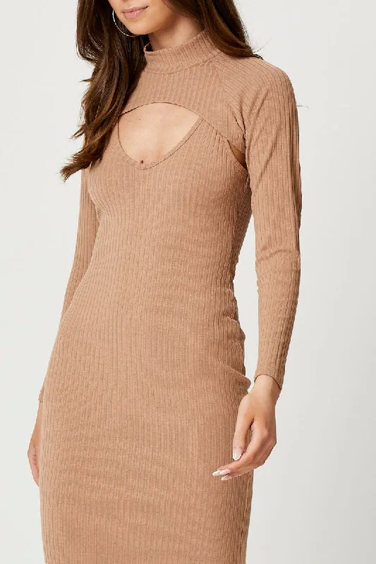 Beige 2 In 1 Midi Long Sleeve Rib Dress