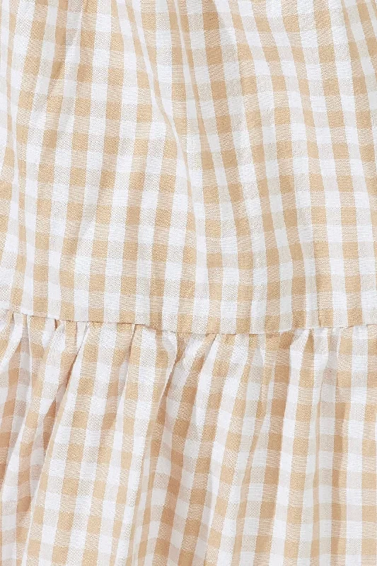 Beige Check Smock Dress Short Sleeve Tiered