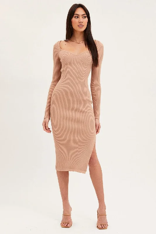 Beige Dress Long Sleeve Mini Sweet Heart Knit