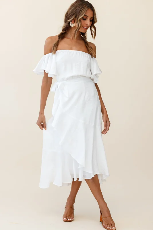 Bettina Bardot Neckline Faux-Wrap Midi Dress White