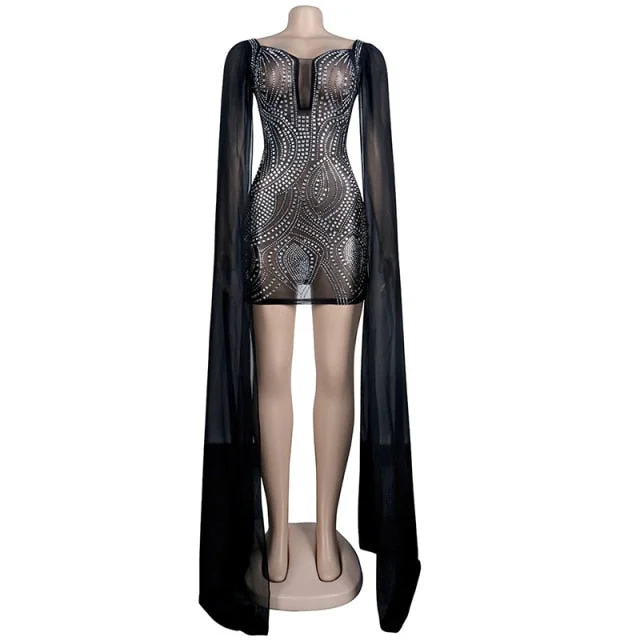 Black Cape Sleeve Mesh Dress