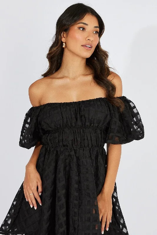 Black Fit And Flare Dress Puff Sleeve Mini