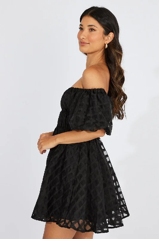 Black Fit And Flare Dress Puff Sleeve Mini