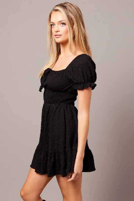 Black Fit And Flare Dress Puff Sleeve Textured fabric