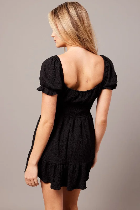 Black Fit And Flare Dress Puff Sleeve Textured fabric