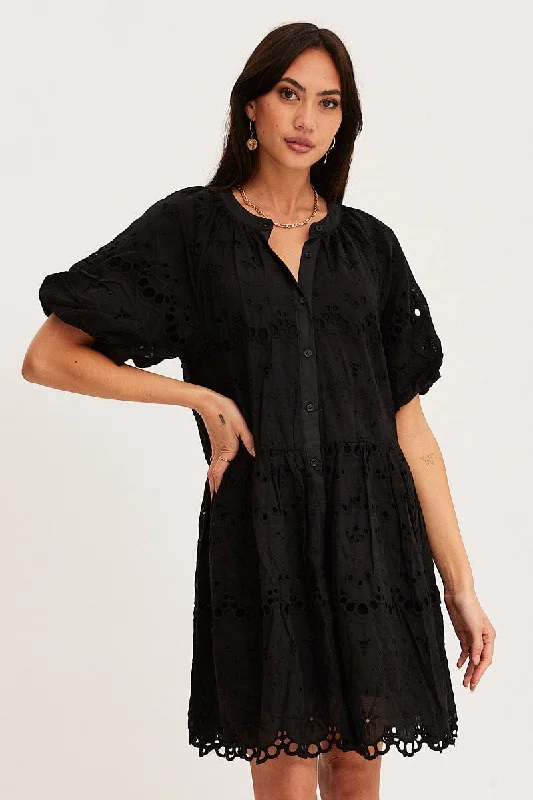 Black Fit And Flare Dress Short Sleeve V Neck