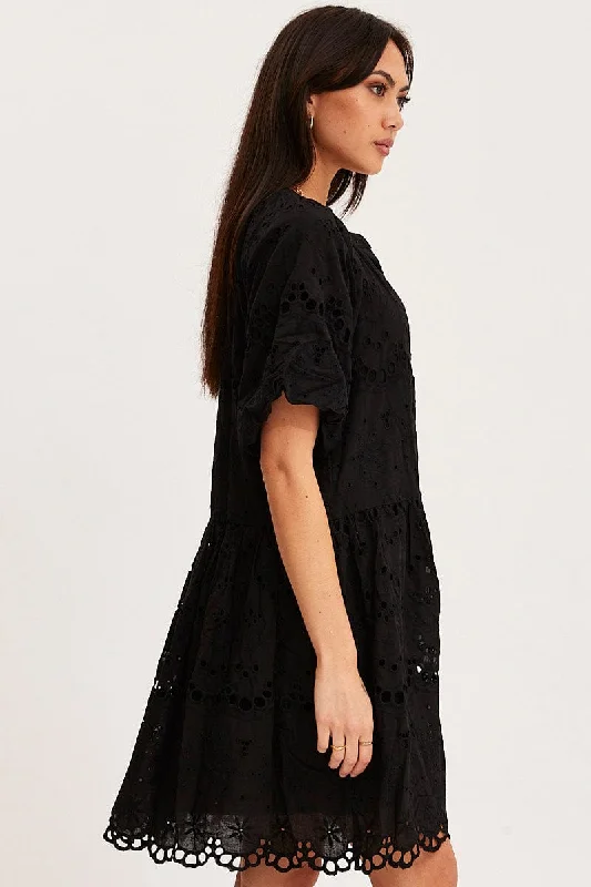 Black Fit And Flare Dress Short Sleeve V Neck