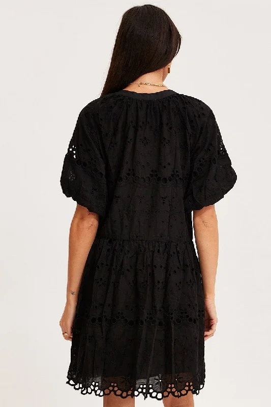 Black Fit And Flare Dress Short Sleeve V Neck