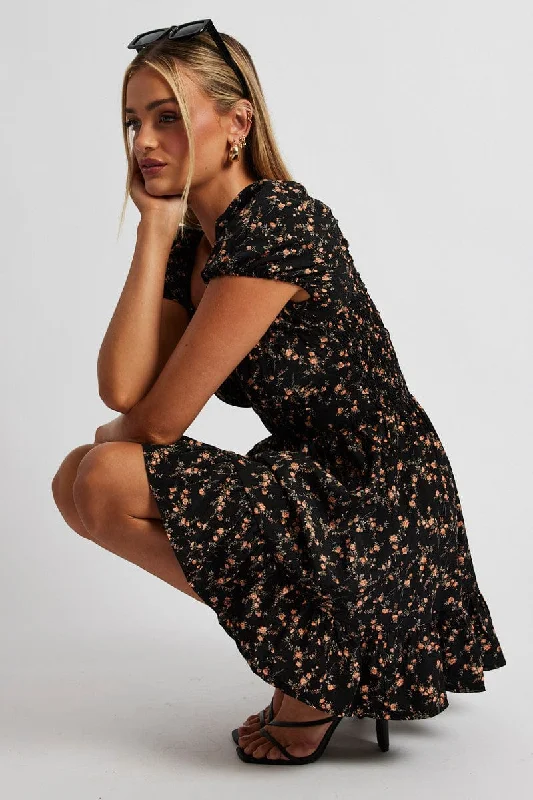 Black Floral Fit And Flare Dress Puff Sleeve