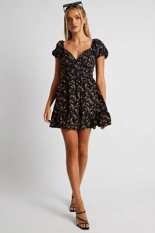 Black Floral Fit And Flare Dress Puff Sleeve