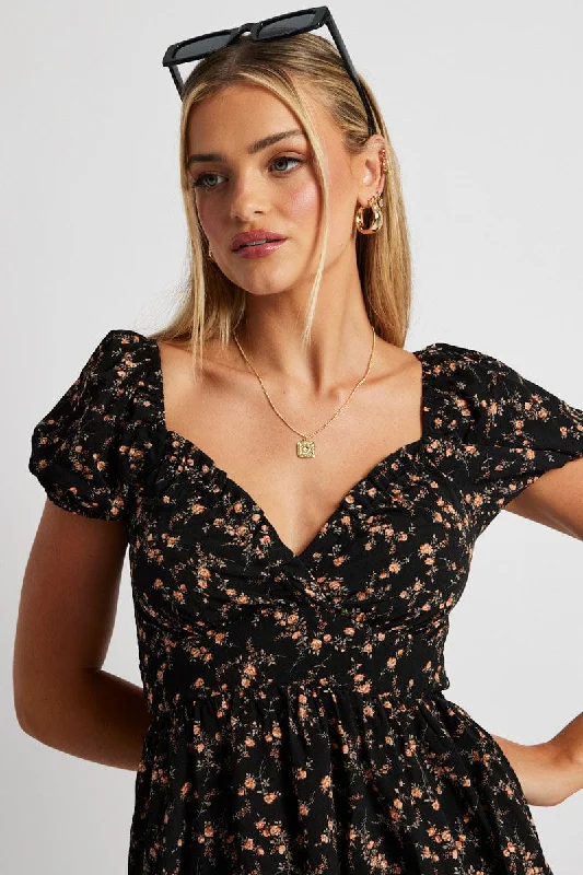 Black Floral Fit And Flare Dress Puff Sleeve