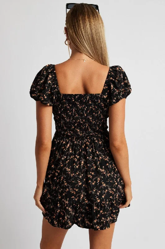 Black Floral Fit And Flare Dress Puff Sleeve