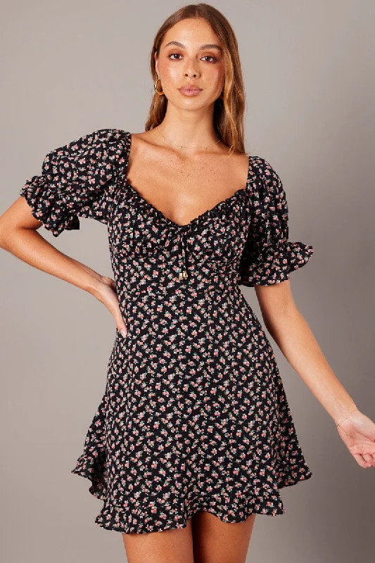 Black Floral Fit And Flare Dress Puff Sleeve