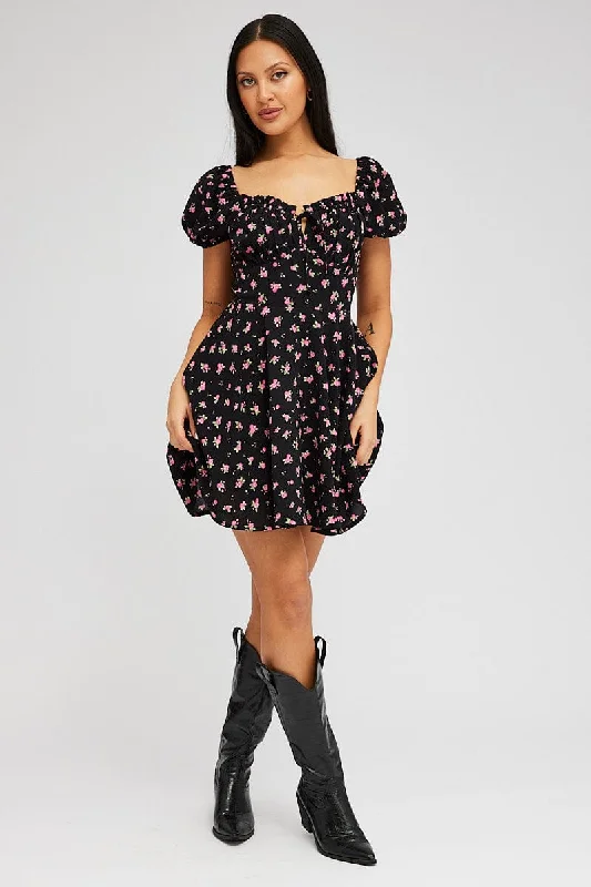 Black Floral Fit And Flare Dress Puff Sleeve Mini