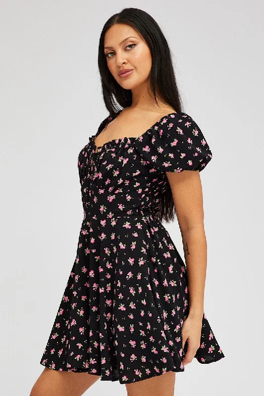 Black Floral Fit And Flare Dress Puff Sleeve Mini