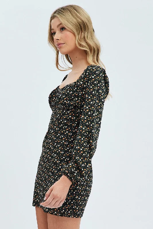 Black Floral Midi Dress Long Sleeve Gathering Bust