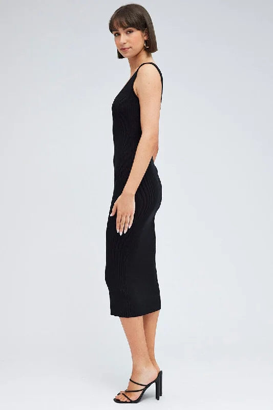 Black Knit Midi Dress Square Neck Sleeveless