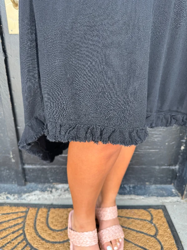 Black linen fringe edge dress