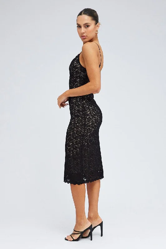 Black Midi Dress Sleeveless V-Neck Bodycon Lace Stretch