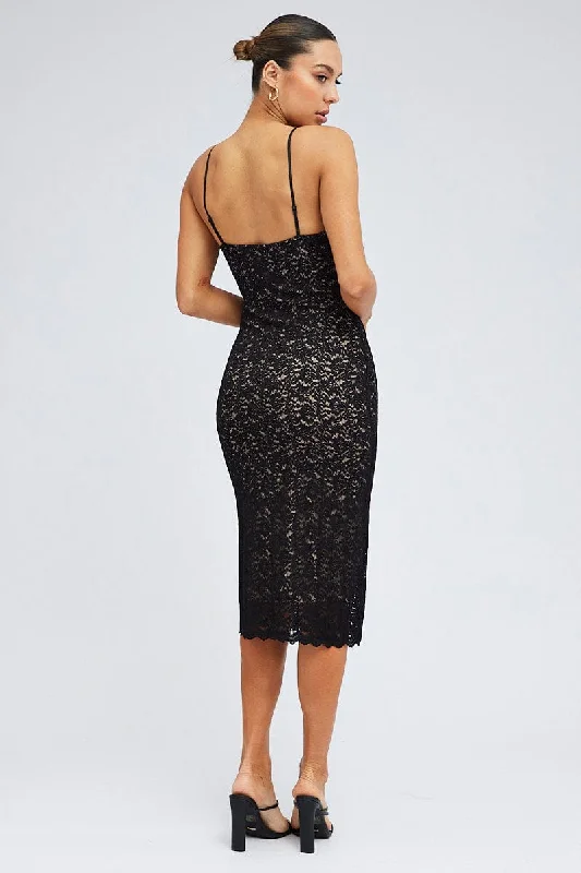 Black Midi Dress Sleeveless V-Neck Bodycon Lace Stretch