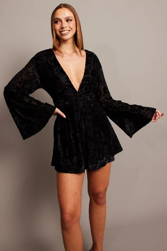 Black Playsuit Flare Sleeve Velvet Burnout Devore