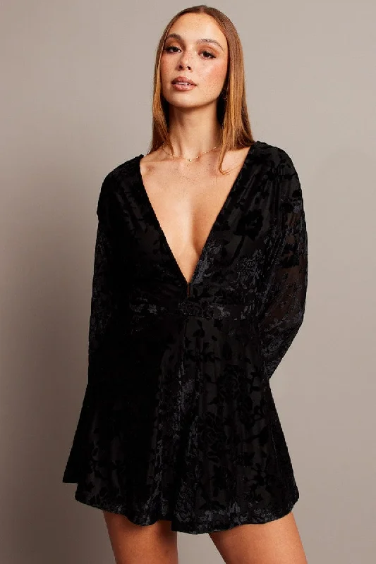 Black Playsuit Flare Sleeve Velvet Burnout Devore