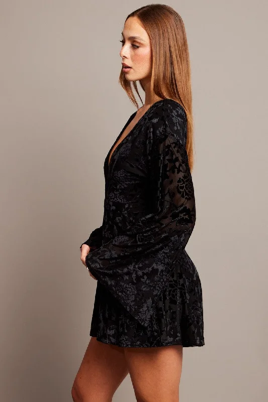 Black Playsuit Flare Sleeve Velvet Burnout Devore