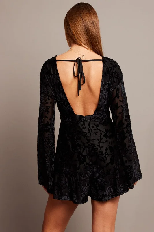 Black Playsuit Flare Sleeve Velvet Burnout Devore