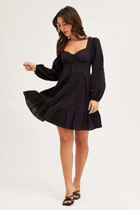 Black Skater Dress Puff Sleeve Mini