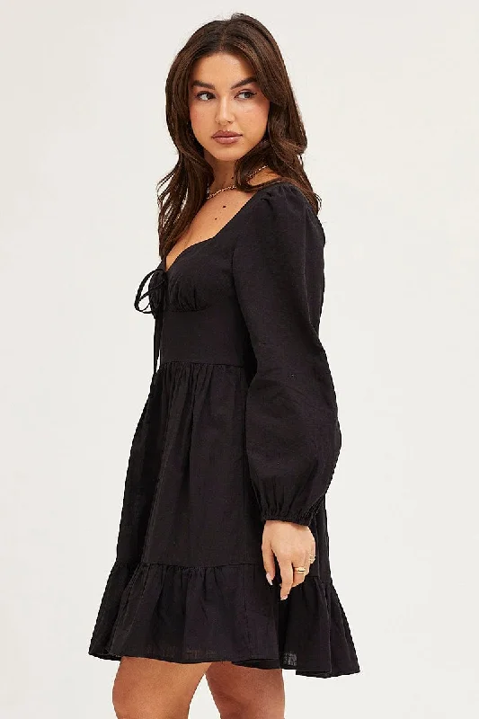 Black Skater Dress Puff Sleeve Mini