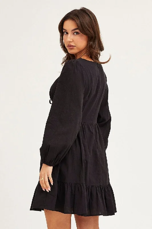 Black Skater Dress Puff Sleeve Mini